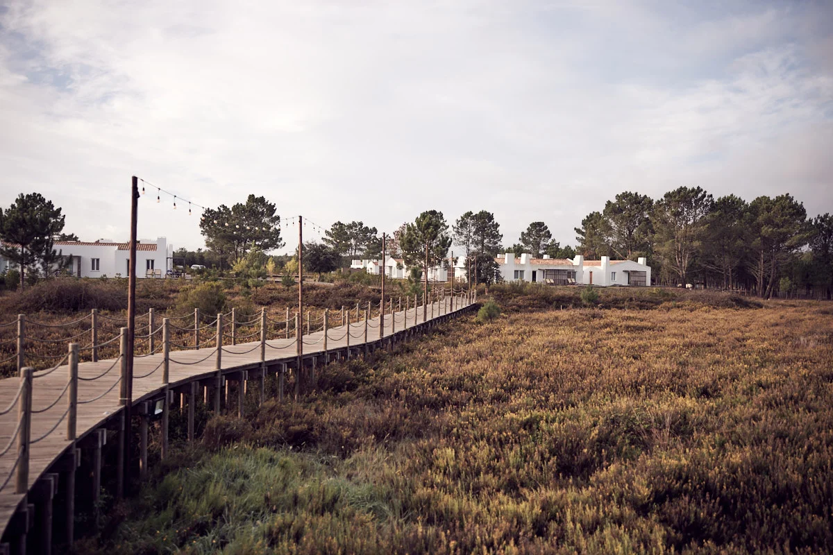 The boardwalk across the heath to the white farmhouses of the farm hotel outside São Teotónio