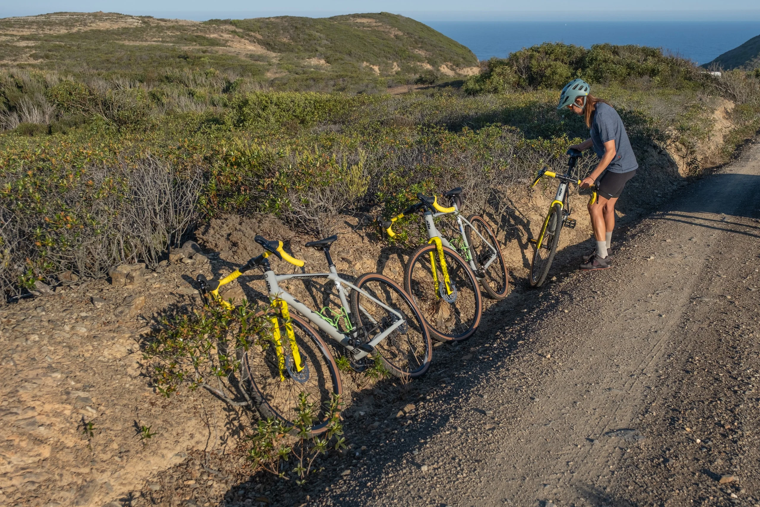 Gravel bikes with yellow bars lined up beside the track above the coast during a stop