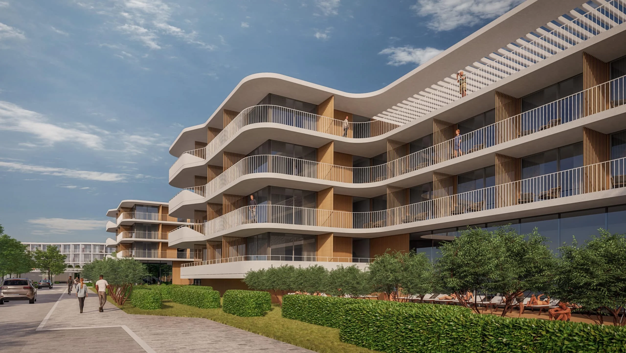 Architect's render of the Lagos Marina Hotel, Curio Collection by Hilton, at dusk: the curved corner building with its glass lobby and lit balconies