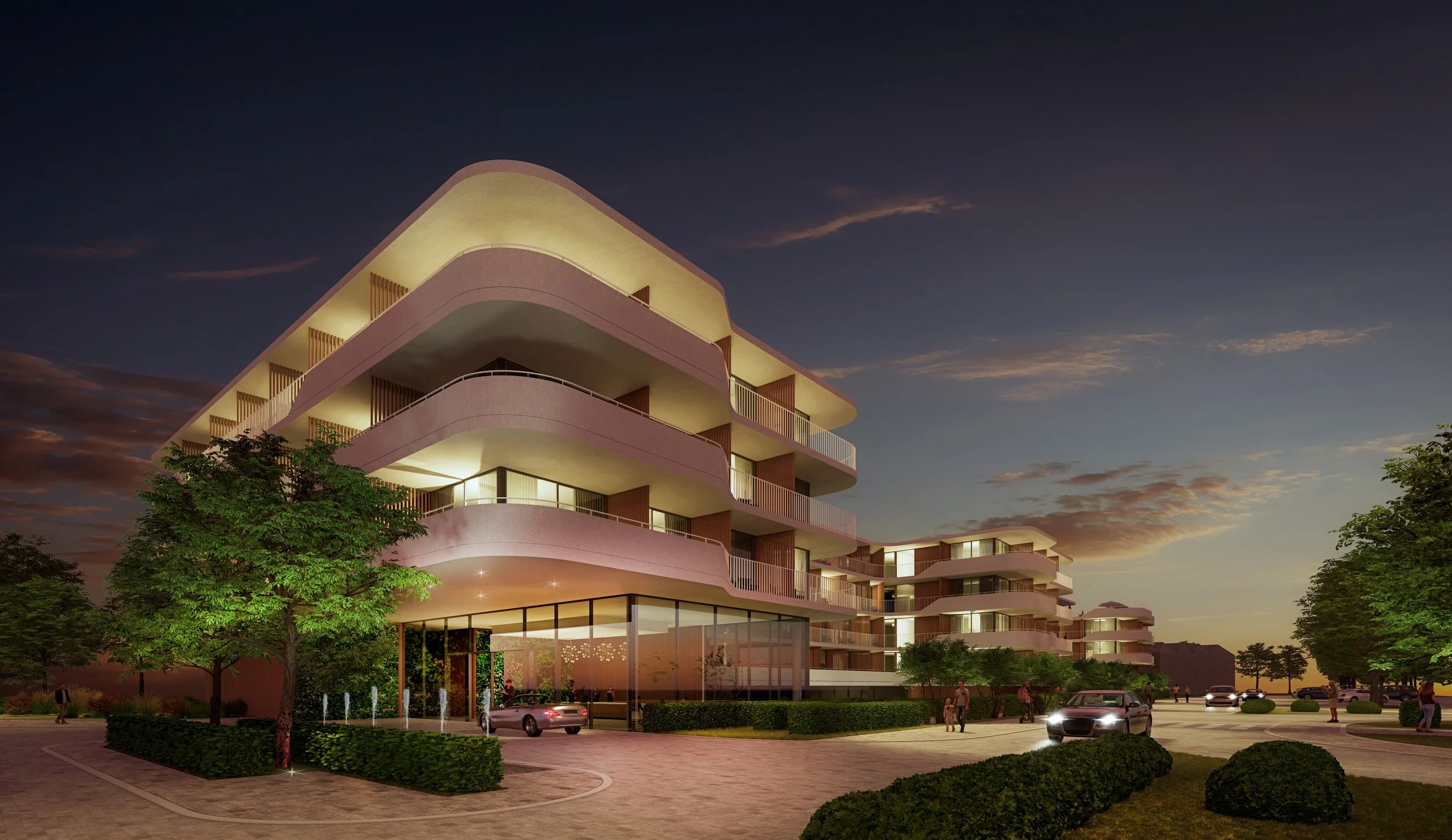Render of the Lagos Marina Hotel, Curio Collection by Hilton, at dusk: the base for the cycling week in Lagos